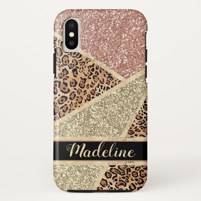 Personalized Striped Rose Gold Glitter Leopard Case-Mate iPhone Case (Back)