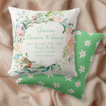 Personalized Summer Rose Garland Baby Birth Stats Cushion<br><div class="desc">This pretty personalized birth stats keepsake throw pillow features a delicate watercolour garland of summer roses surrounding the baby's name and birth stats to personalize with your special new arrival details! The reverse has a cute daisy pattern on an emerald green background. You can customise the colour to a colour...</div>