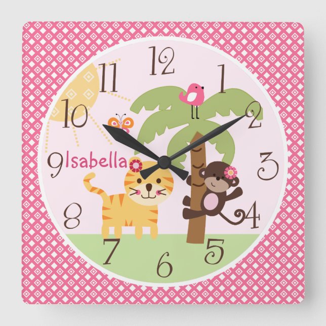 Personalized Sunny Monkey & Tiger Nursery Clock (Front)