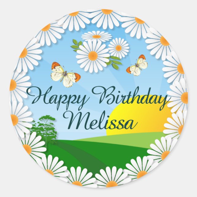 Personalized Sunrise with Daisy Border Birthday Cl Classic Round Sticker (Front)