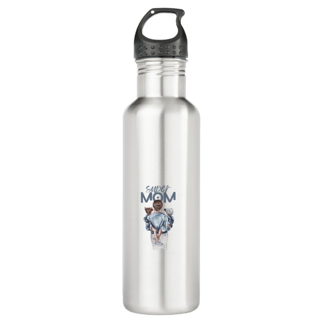 Personalized Super Mom with Son and Daughter Gift 710 Ml Water Bottle (Front)