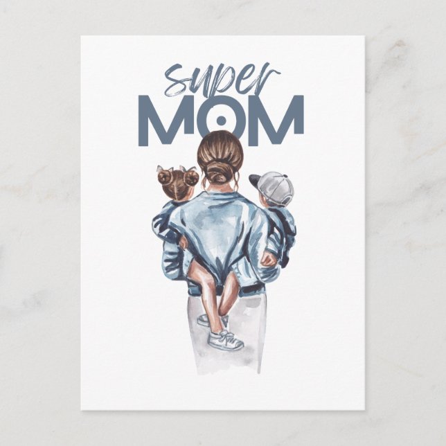 Personalized Super Mom with Son and Daughter Gift  Invitation Postcard (Front)
