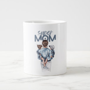 Personalized Super Mom with Son and Daughter Gift Large Coffee Mug