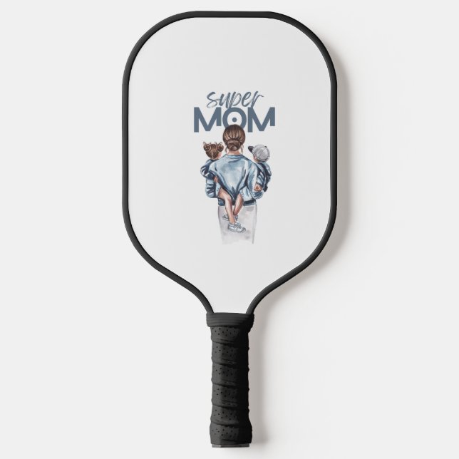 Personalized Super Mom with Son and Daughter Gift Pickleball Paddle (Front)