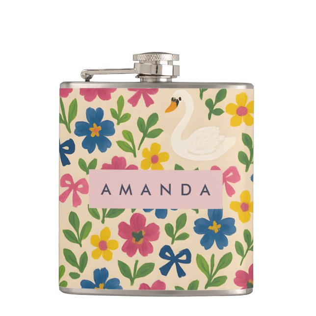 Personalized Swan Garden Floral Pattern Hip Flask (Front)