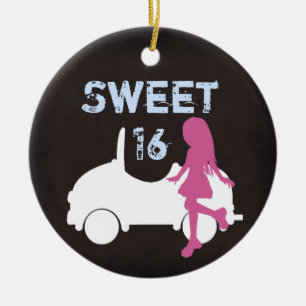 Personalized Sweet 16 Girl and Car in Pink n Blue Ceramic Ornament