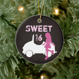 Personalized Sweet 16 Girl and Car, Pink Christmas Ceramic Ornament