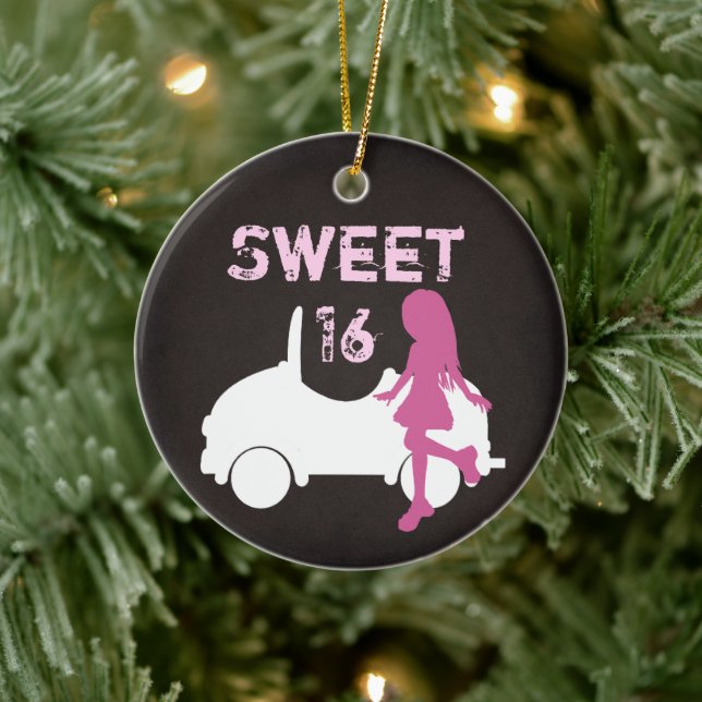 Personalized Sweet 16 Girl and Car, Pink Christmas Ceramic Ornament (Tree)