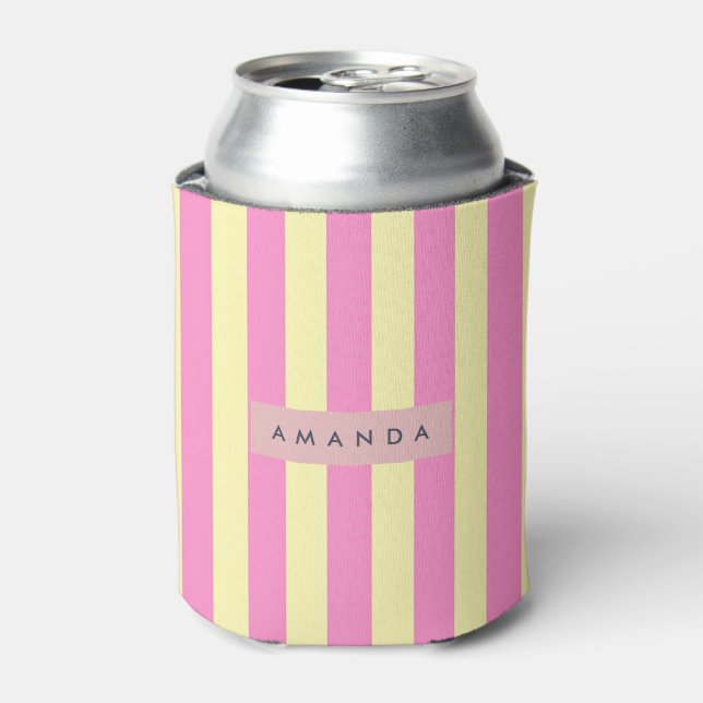 Personalized Sweet Pastel Pink and Yellow Stripe Can Cooler (Can Front)