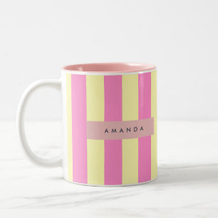 Personalized Sweet Pastel Pink and Yellow Stripe Two-Tone Coffee Mug