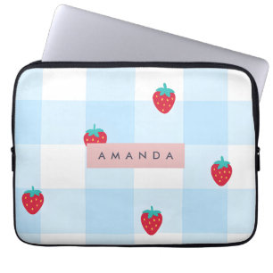 Personalized Sweet Strawberry Gingham Blue Laptop Sleeve