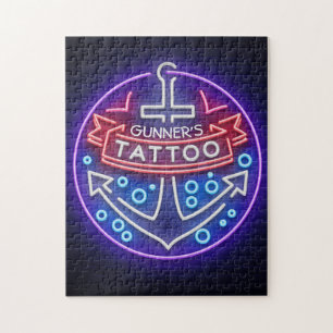 Personalized Tattoo Shop Nautical Neon Sign Style Jigsaw Puzzle