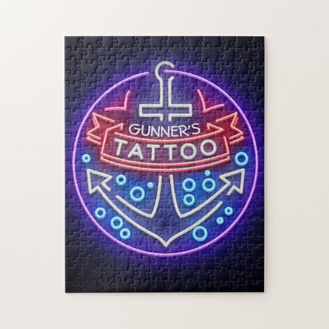 Personalized Tattoo Shop Nautical Neon Sign Style Jigsaw Puzzle (Vertical)