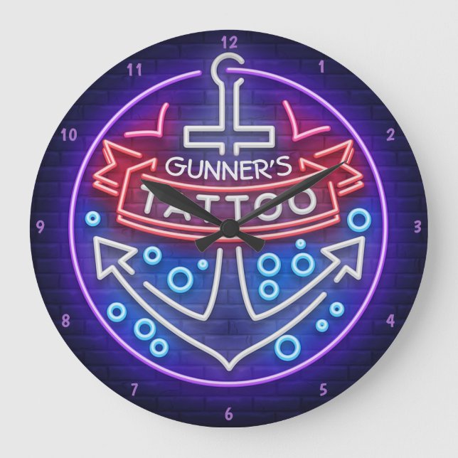 Personalized Tattoo Shop Nautical Neon Style Large Clock (Front)