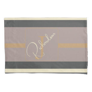 Personalized Taupe Gold Stripe Modern Neutral Chic Pillowcase