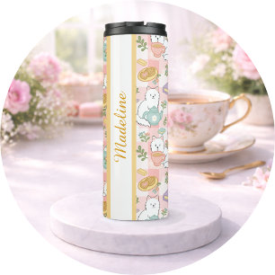 Personalized Tea Book Cat Pink Girly Cute Pastel Thermal Tumbler