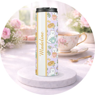 Personalized Tea Book Cat Purple Girly Cute Pastel Thermal Tumbler