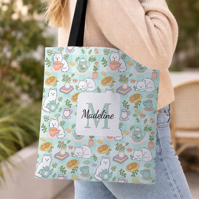 Personalized Tea Bookish Cats Tote Bag Mint Green (Creator Uploaded)