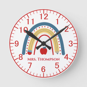 Personalized Teacher Apple Rainbow Round Clock