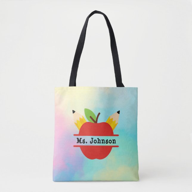 Personalized Teacher Apple | Watercolor Rainbow Tote Bag (Front)