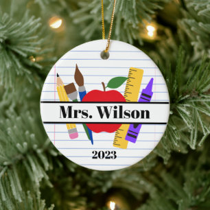 Personalized Teacher Gift Apple Ruler Pencil Ceramic Ornament
