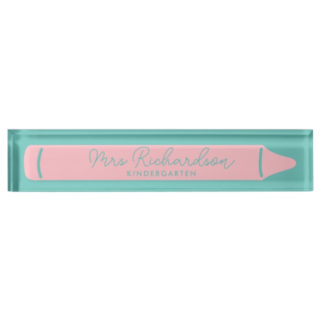 Personalized Teacher Name Grade Pencil Modern Pink Nameplate (Front)