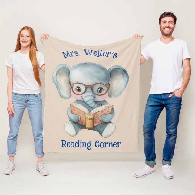 Personalized Teacher Watercolor Elephant Reading Fleece Blanket (In Situ)
