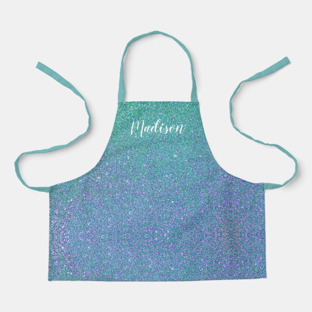 Personalized Teal Blue Ombre Glitter Sparkle Girls Apron (Front)