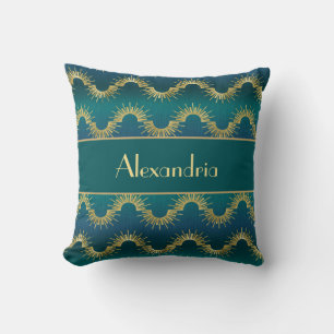 Personalized Teal & Gold Art Deco Sunburst Name Cushion