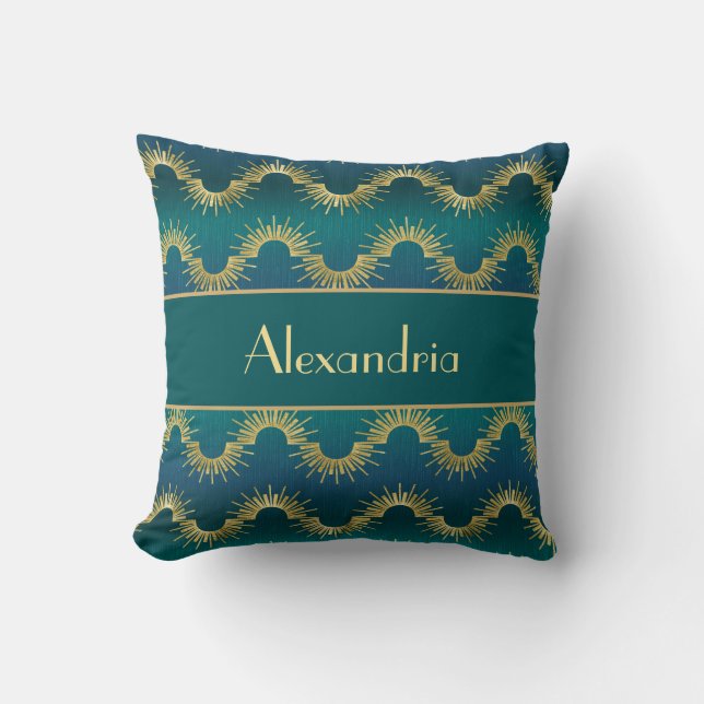 Personalized Teal & Gold Art Deco Sunburst Name Cushion (Front)