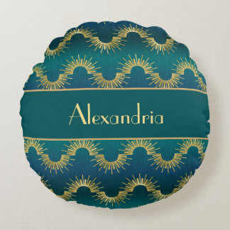 Personalized Teal & Gold Art Deco Sunburst Name Round Cushion