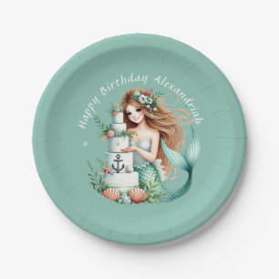 Personalized Teal Mermaid Beach Birthday Invite Paper Plate