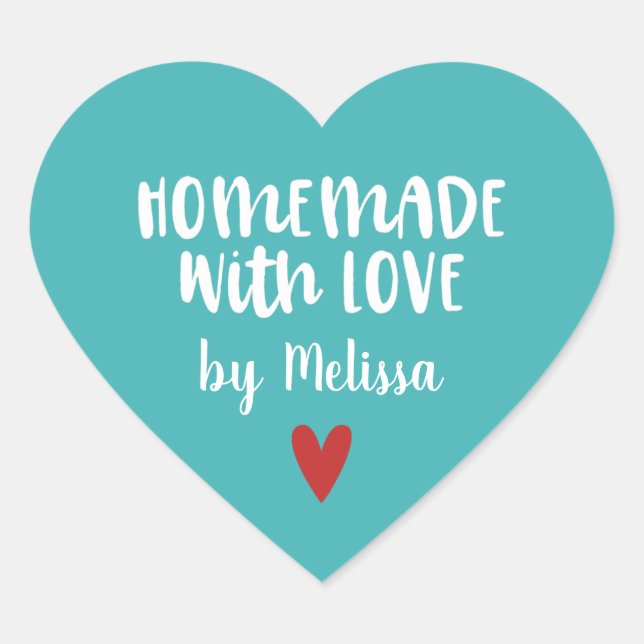 Personalized Teal White Homemade With Love Heart Sticker (Front)