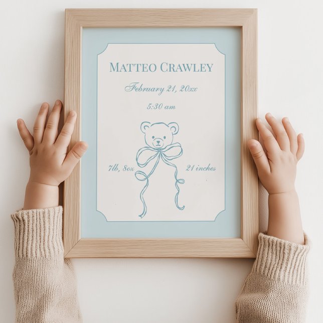Personalized Teddy Bear Blue Birth Info Poster (Personalized Teddy Bear Blue Birth Info Poster)