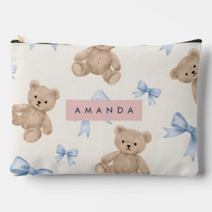 Personalized Teddy Bear & Blue Bow Pattern Accessory Pouch
