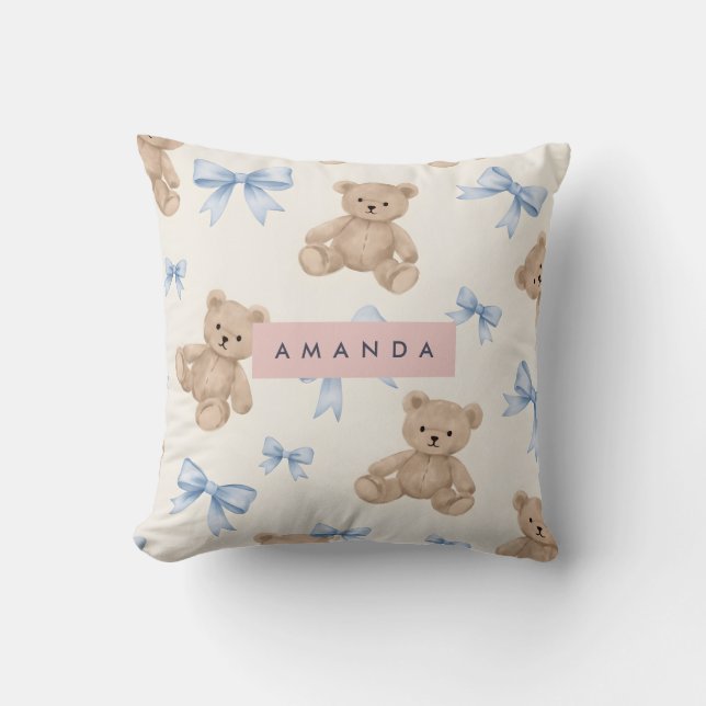 Personalized Teddy Bear & Blue Bow Pattern Cushion (Front)
