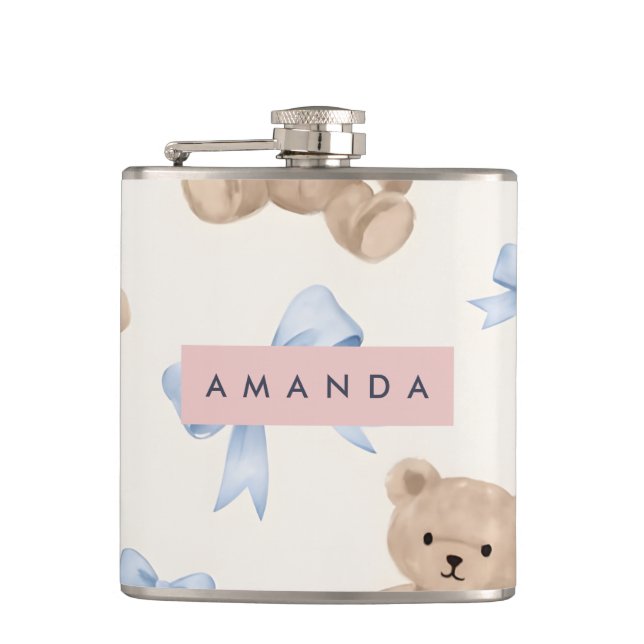 Personalized Teddy Bear & Blue Bow Pattern Hip Flask (Front)