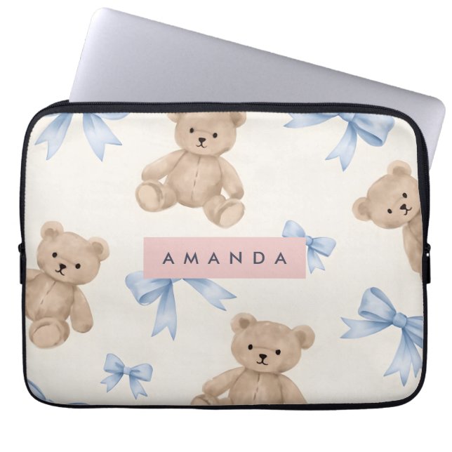 Personalized Teddy Bear & Blue Bow Pattern Laptop Sleeve (Front)