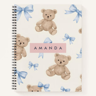 Personalized Teddy Bear & Blue Bow Pattern Notebook
