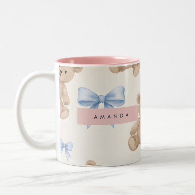 Personalized Teddy Bear & Blue Bow Pattern Two-Tone Coffee Mug (Left)