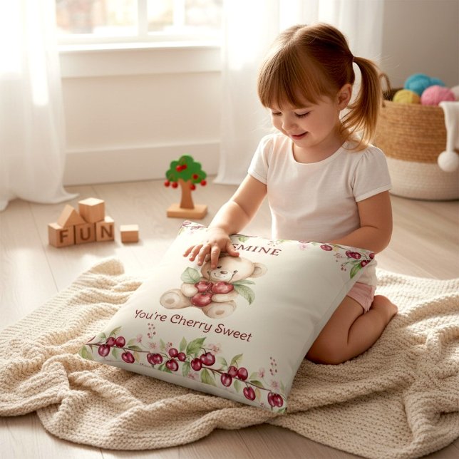 Personalized Teddy Bear Cherry Floral Pillow (Creator Uploaded)