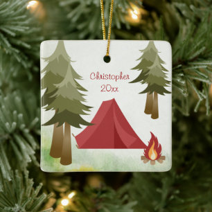 Personalized Tent and Campfire Camping Christmas Ceramic Ornament