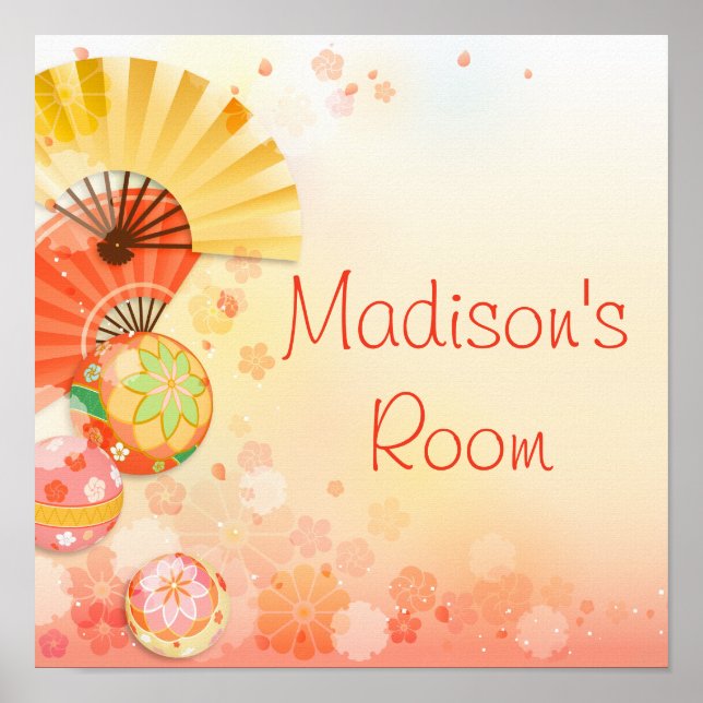 Personalized Text Asian Fan with Cherry Blossom Poster (Front)