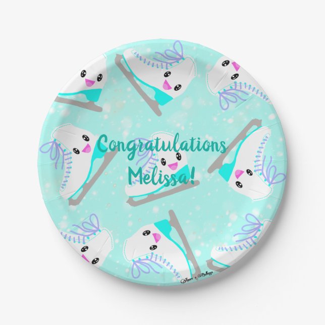 Personalized Text Ice Skating Pattern Blue Kawaii Paper Plate (Front)