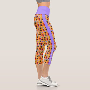 Personalized Text Sunflower Neon Purple Stripes Capri Leggings