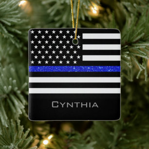 Personalized Thin Blue Line Glitter Flag Ceramic Ornament