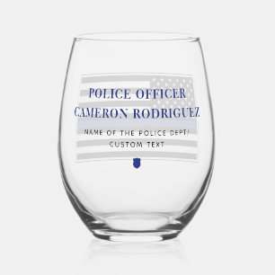 Personalized Thin Blue Line Police Officer Flag Stemless Wine Glass