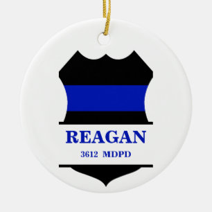 Personalized Thin Blue Line Police Shield  Ceramic Ornament