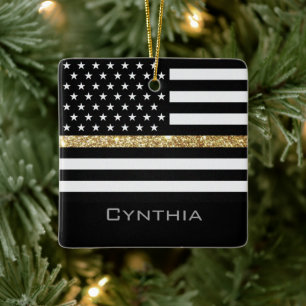 Personalized Thin Gold Line Glitter Flag Ceramic Ornament
