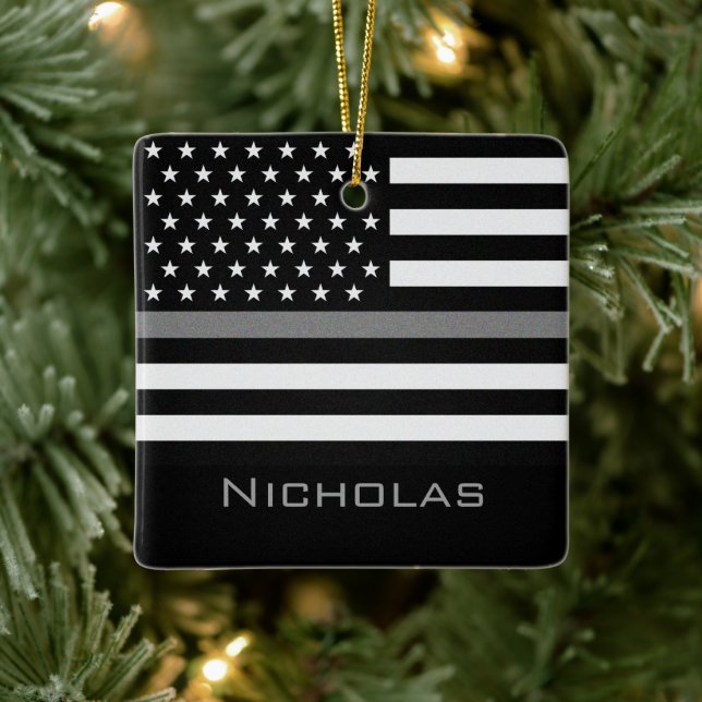 Personalized Thin Gray Line Flag Ceramic Ornament (Tree)